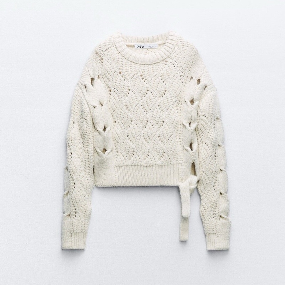 Zara Ecru Cable Knit Tie Sweater Women’s Small 3859/110